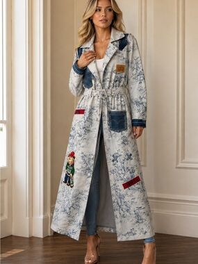 Upcycled Levi inspired Long blue Print Trench belted patchwork Coat size XL